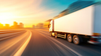 Fast moving delivery truck on curved road at sunset, showcasing speed and motion.