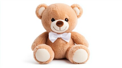 A teddy bear with a white bow tie is sitting on a white background