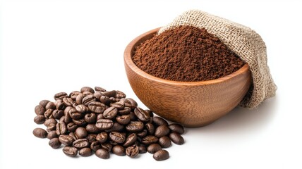 Fototapeta premium A bowl of coffee beans and a bag of coffee beans