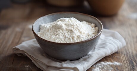 Fototapeta premium A bowl of white flour sits on a wooden table with a white cloth underneath. The bowl is made of grey ceramic and has a natural, unbleached look.