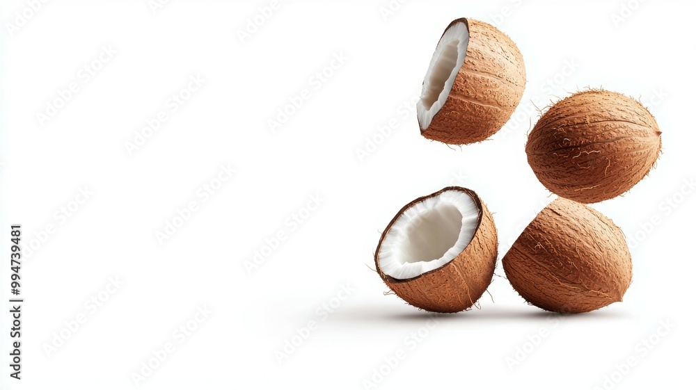 Poster a close up of four whole coconuts with one of them cut open