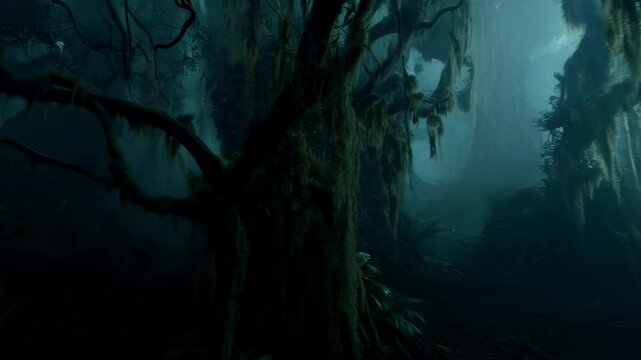 Foggy dark mysterious forest pathway from horror scene. Dark, foggy, autumnal, cold forest among high trees.