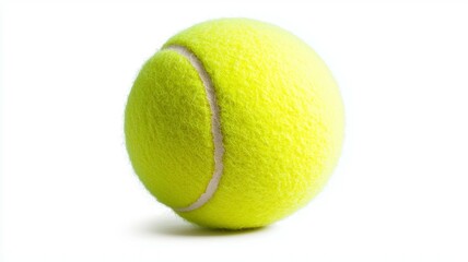 A yellow tennis ball sits on a white background