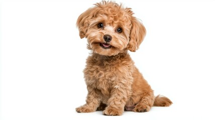 A small brown dog is sitting on a white background