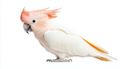 A white and orange parrot with a red beak stands on a white background
