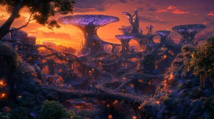 A glowing statue symbolizes a 150-million-year-old ant civilization amid a vibrant landscape.