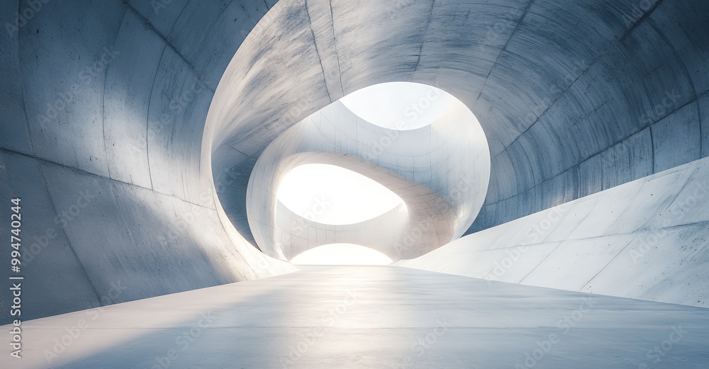 Wall mural abstract concrete structure with a circular opening letting in light.