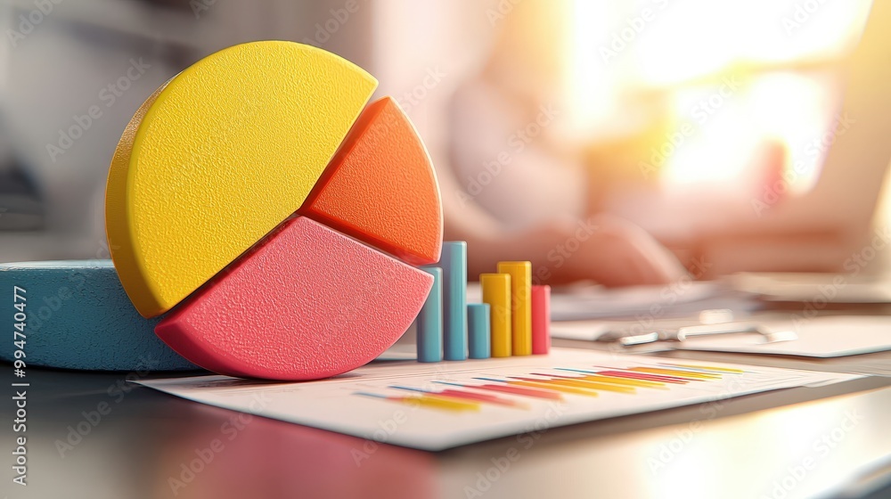 Poster colorful pie chart and bar graph on desk for data analysis presentation