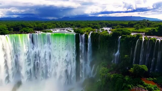 Huge majestic waterfall scenery. Fantasy imaginary view.