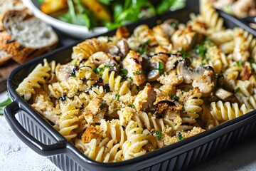 Close up of a delicious baked pasta dish with chicken, mushrooms and a creamy sauce