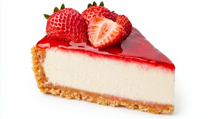 A slice of strawberry cheesecake with a strawberry on top