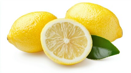A lemon is cut in half and has a green leaf on top