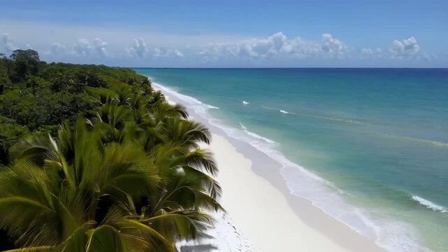 Aerial view along tropical white sand beach panorama with turquoise ocean and palm trees.