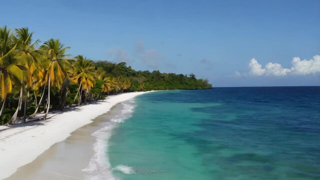 Aerial view along tropical white sand beach panorama with turquoise ocean and palm trees.