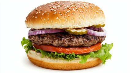 A hamburger with a slice of tomato and onion on top