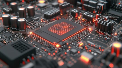 Fototapeta premium AI Powered Circuit Board with Glowing Red Lights Futuristic Technology Design