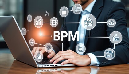 BPM, Business Process Management Concept. A businessman works on a laptop with virtual icons representing business process management, various elements of business strategy, efficiency, and workflow.
