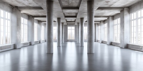 Naklejka premium A spacious, minimalist interior with large windows and concrete columns. The room is bathed in natural light, creating a bright and airy atmosphere.