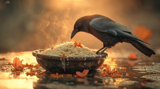 Crow Eating Rice Offering During Pitru Paksha Ritual