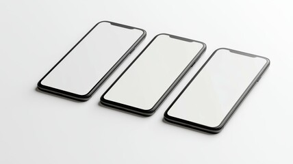Three cell phones are lined up on a white background