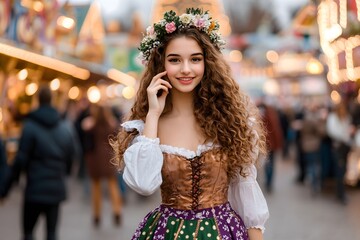 Beautiful smiling woman wearing traditional dress and wheat at festival. Oktoberfest celebration. Cultural event concept. German culture and tradition. Travel and tourism. Banner with copy space