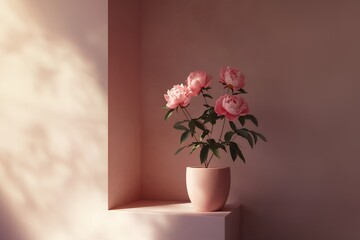 Naklejka premium A bouquet of pink peonies in a blush-colored pot sits on a shelf against a soft pink wall, bathed in warm sunlight.