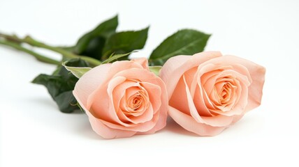 Two pink roses are placed next to each other on a white background