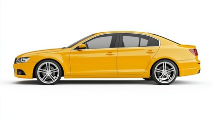 A yellow car is parked on a white background