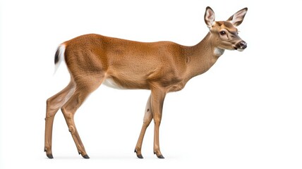 A deer is walking on a white background