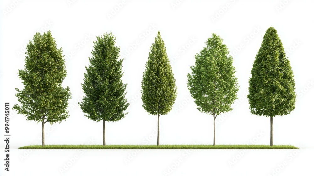 Poster a row of five trees with different shapes and sizes