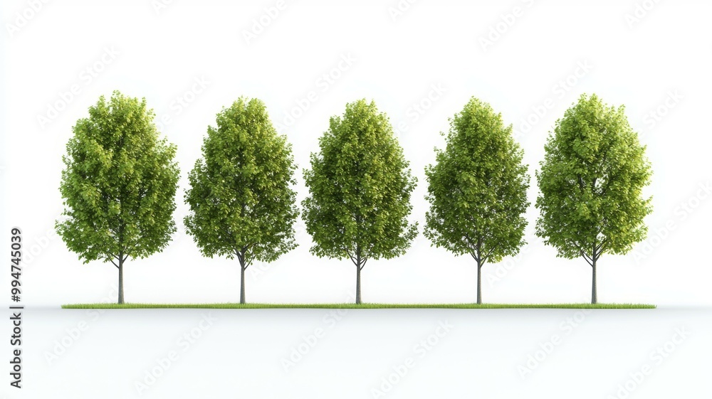Poster a row of five trees are lined up on a white background