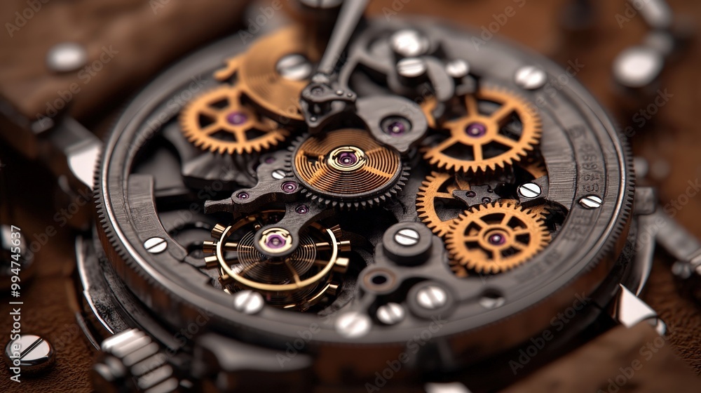 Poster close up of complex watch mechanism with gears and cogs
