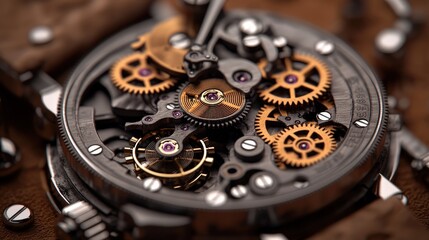 Close up of Complex Watch Mechanism with Gears and Cogs