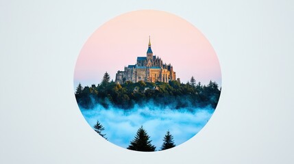 Obraz premium Mont Saint Michel Abbey Watercolor Painting Circular Design Foggy Dawn Medieval Archit