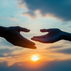 Silhouettes of hands about to touch, with an expansive sky in the background generative ai