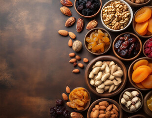 Obraz premium Healthy food background. Assortment of nuts and dried fruits on brown background. Top view with copy space