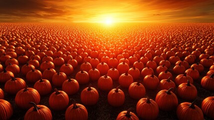 Fototapeta premium Pumpkin Patch Sunset Autumn Harvest Field with Golden Light