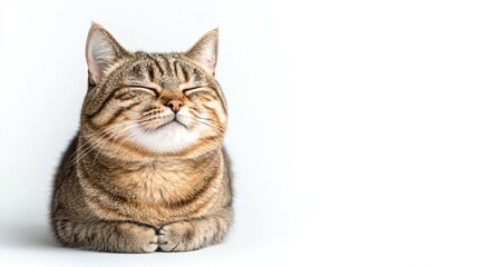 A cat is sitting on a white background with its eyes closed