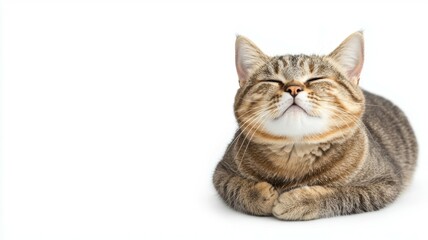 Obraz premium A cat is laying on a white background with its eyes closed