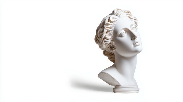 A white statue of a woman's head is sitting on a white background - Powered by Adobe