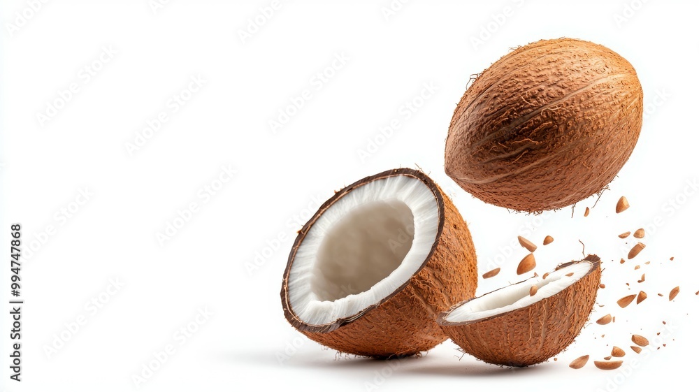 Poster three coconuts are shown with one of them cut open