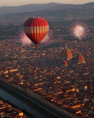 Obraz premium Hot Air Balloon Soaring Over Florence Italy with Fireworks Near Duomo Cathedral Amid Sunset View with Mountains in Background