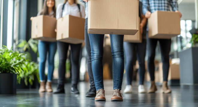 Diverse group carrying boxes in modern office setting - Powered by Adobe