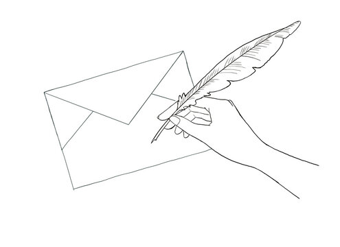 recommend clip art: 羽根ペンで手紙を書く手　線画イラスト