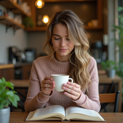 Morning coffee. Relaxing on the weekend. Happy smiling woman enjoying a hot drink in the interior of a modern and light house with free space
