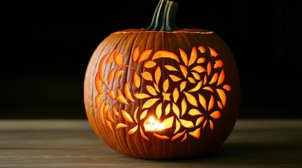 Intricate Carved Pumpkin with Candlelight   Autumn Halloween Decoration