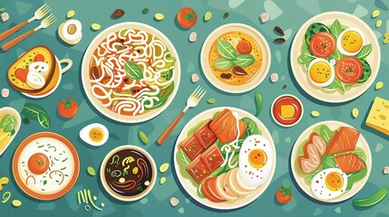 A Colorful Spread of Various Dishes and Ingredients