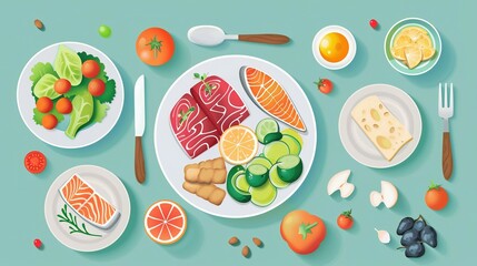 A Balanced Meal with Fish, Vegetables, and Fruit