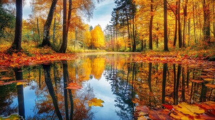 Obraz premium Autumnal Forest Reflection in a Still Pond