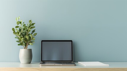 A simple workspace with a laptop, a potted plant, and a notebook on a light wood desk.